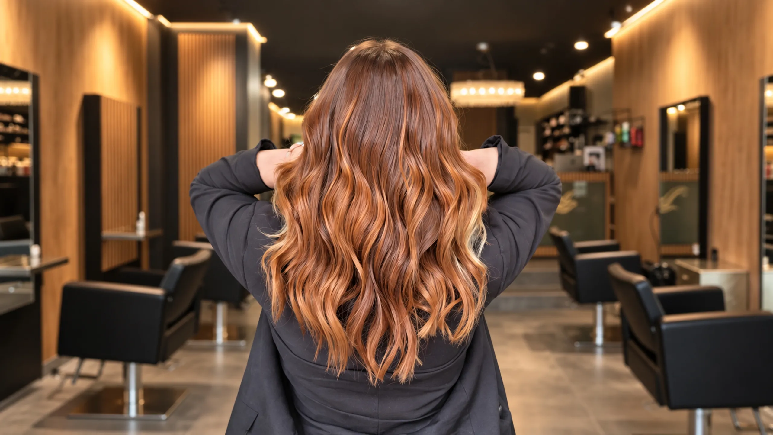 Lange Kupferwellen mit weichen Blond-Akzenten im Salon