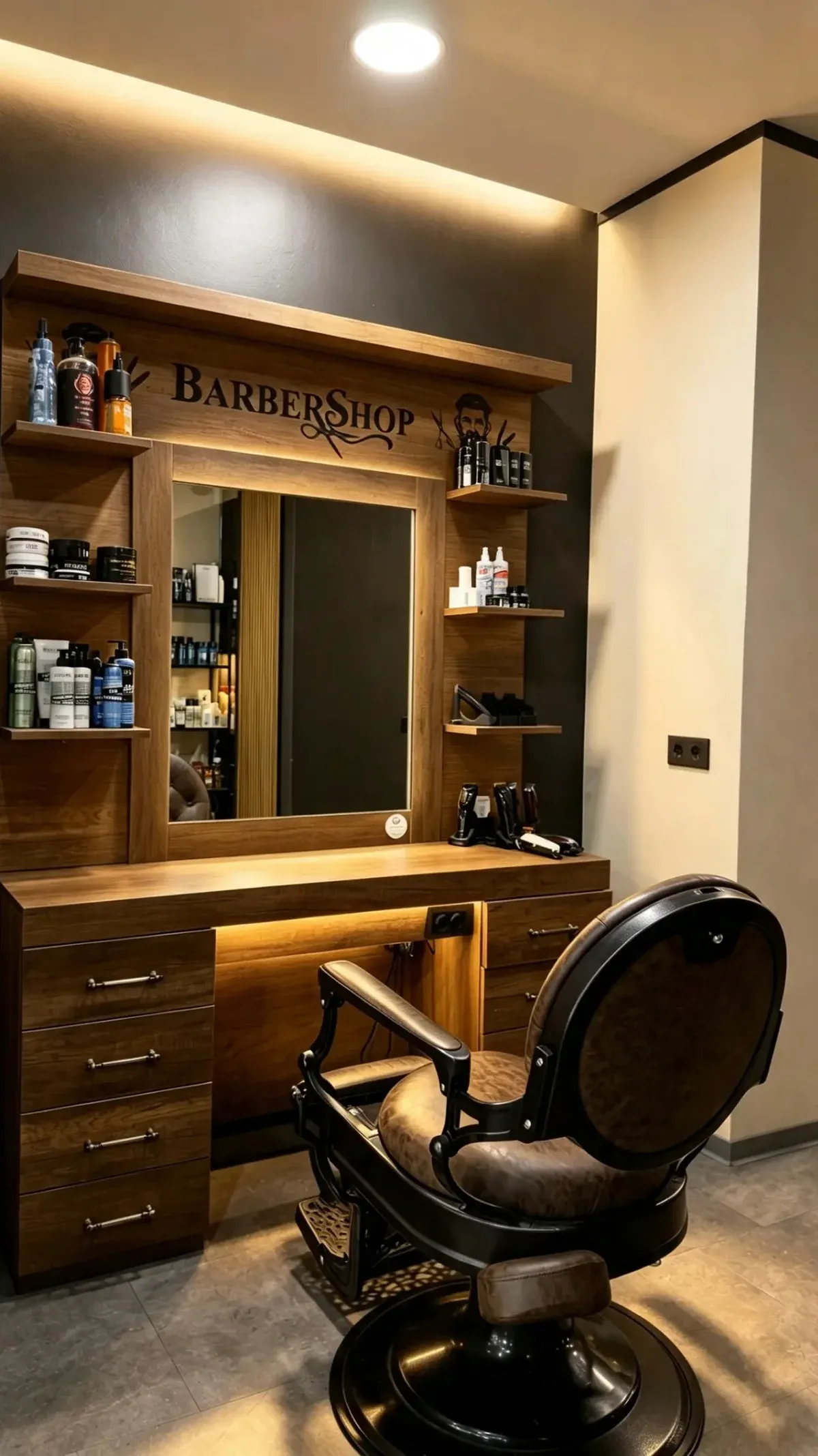 Barberplatz bei Haiyen Hairdesign in Dresden mit rundem Friseurstuhl und Holzspiegel