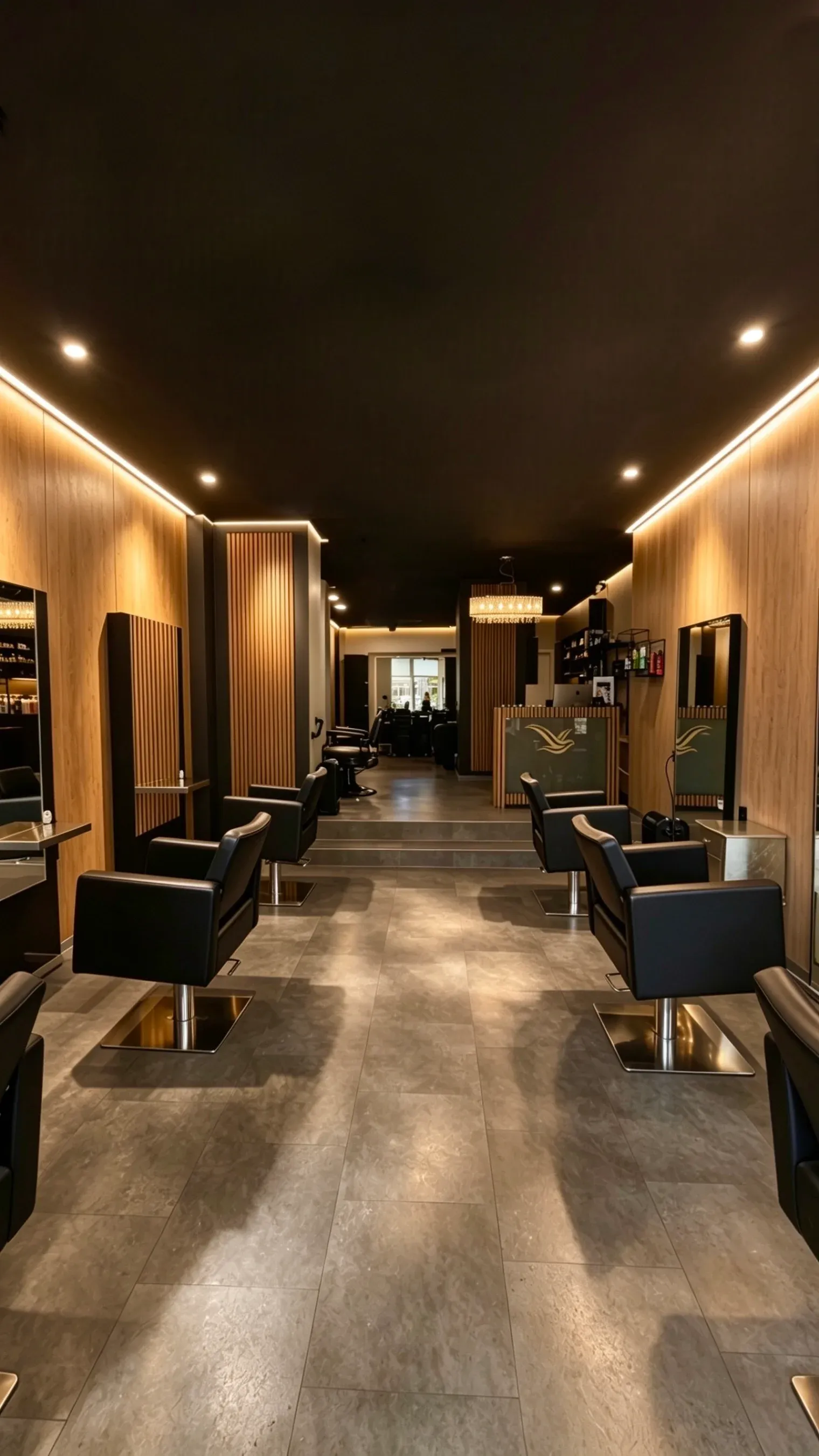 Blick durch den Haiyen Hairdesign Friseursalon in Dresden mit schwarzen Stylingstühlen und warm beleuchteten Spiegeln