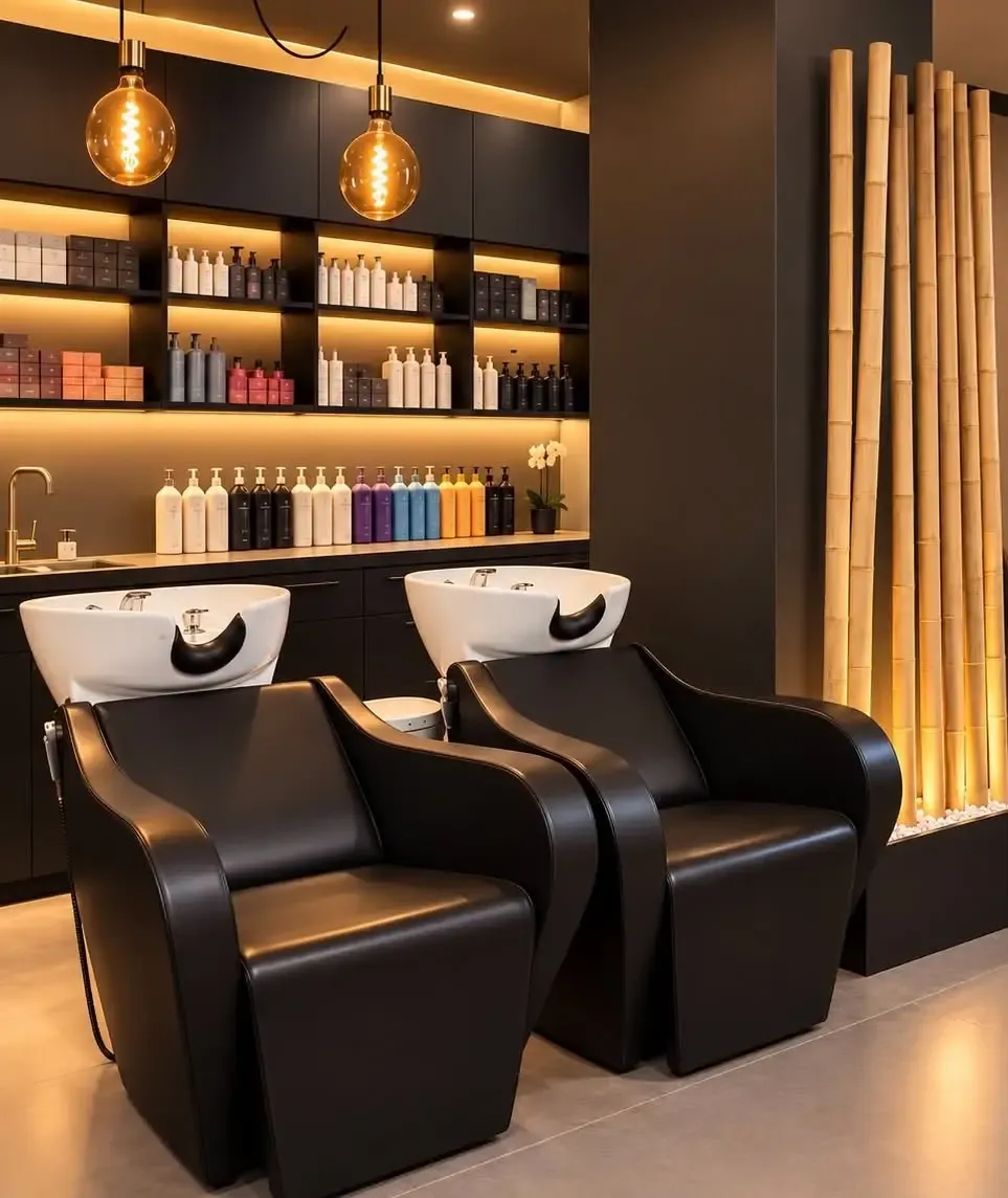 Waschbereich im Haiyen Hairdesign Salon mit gepolsterten Liegen, weißen Waschbecken und warmem Licht