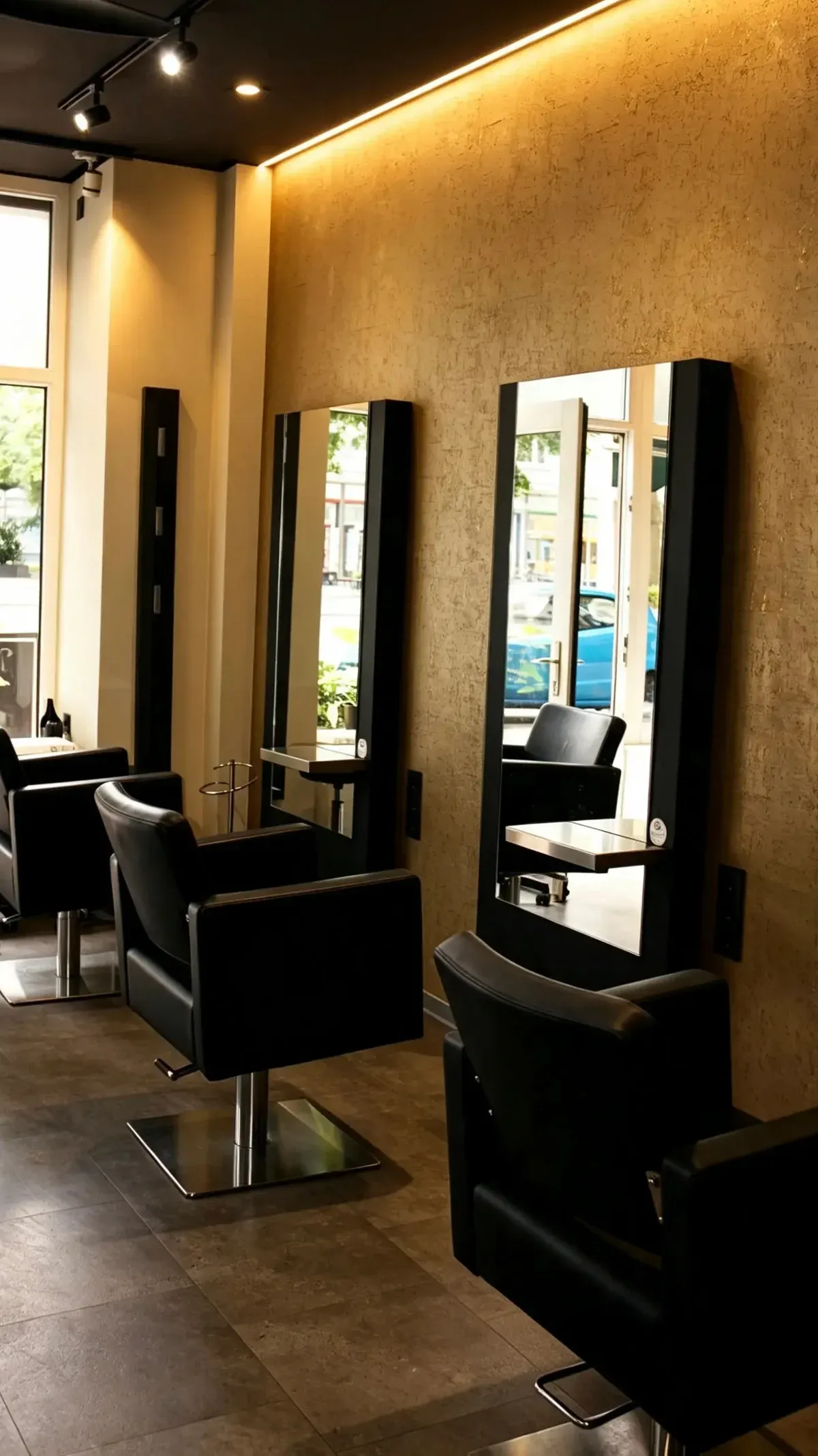 Stylingplätze mit hohen Spiegeln, schwarzen Friseurstühlen und goldfarbenen Wänden bei Haiyen Hairdesign